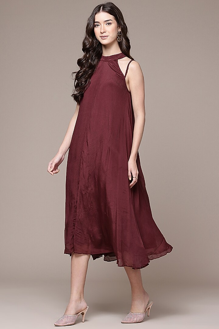 Wine Viscose Chiffon Halter Midi Summer Dress With Scarf by Ritu Kumar at Pernia's Pop Up Shop