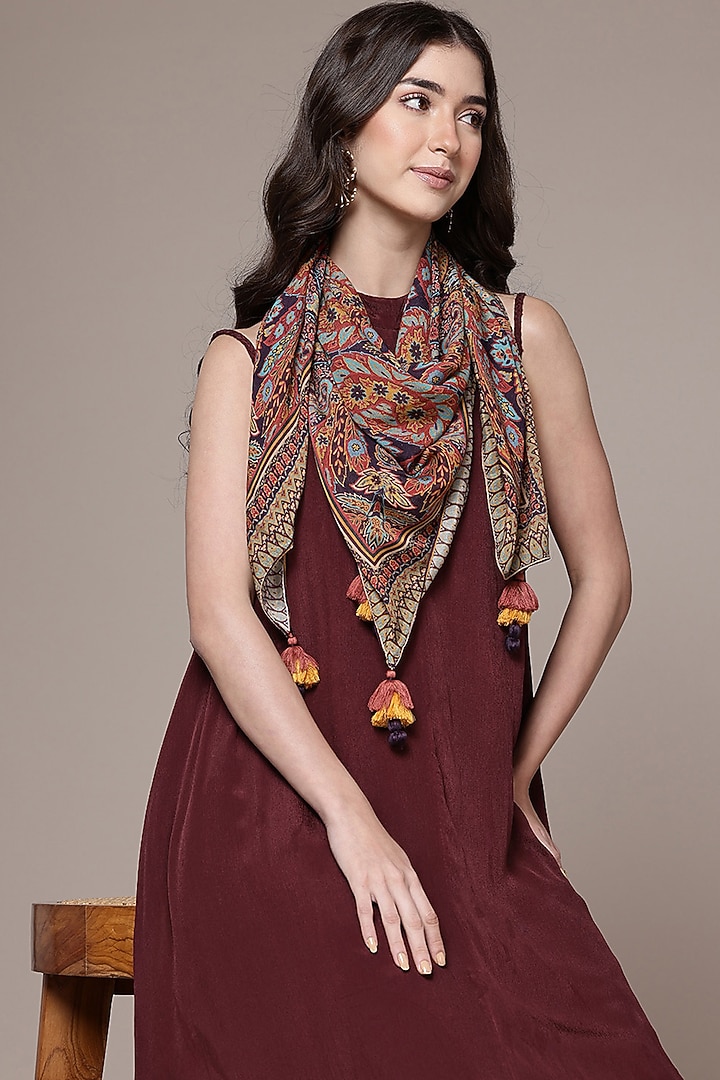 Wine Viscose Chiffon Halter Midi Summer Dress With Scarf by Ritu Kumar at Pernia's Pop Up Shop
