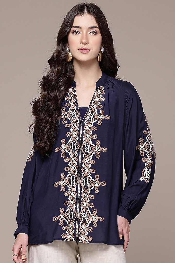 Blue Viscose Silk Embroidered Top With Camisole by Ritu Kumar at Pernia's Pop Up Shop