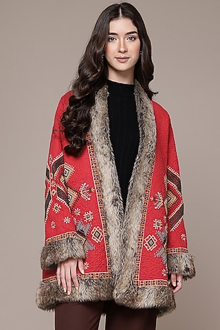 Red Poly Suede Embroidered Quilted Jacket by Ritu Kumar