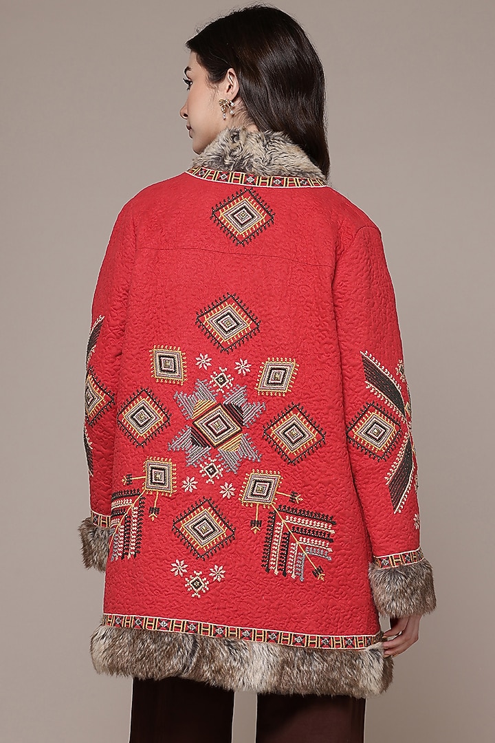 Red Poly Suede Embroidered Quilted Jacket by Ritu Kumar at Pernia's Pop Up Shop