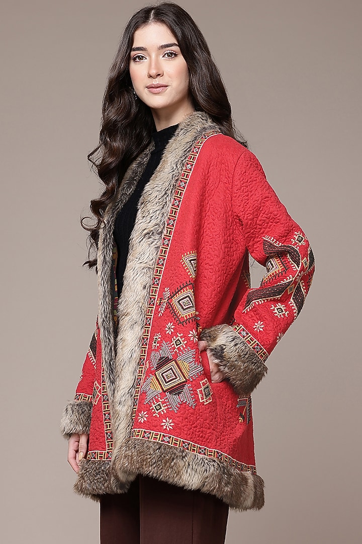 Red Poly Suede Embroidered Quilted Jacket by Ritu Kumar at Pernia's Pop Up Shop