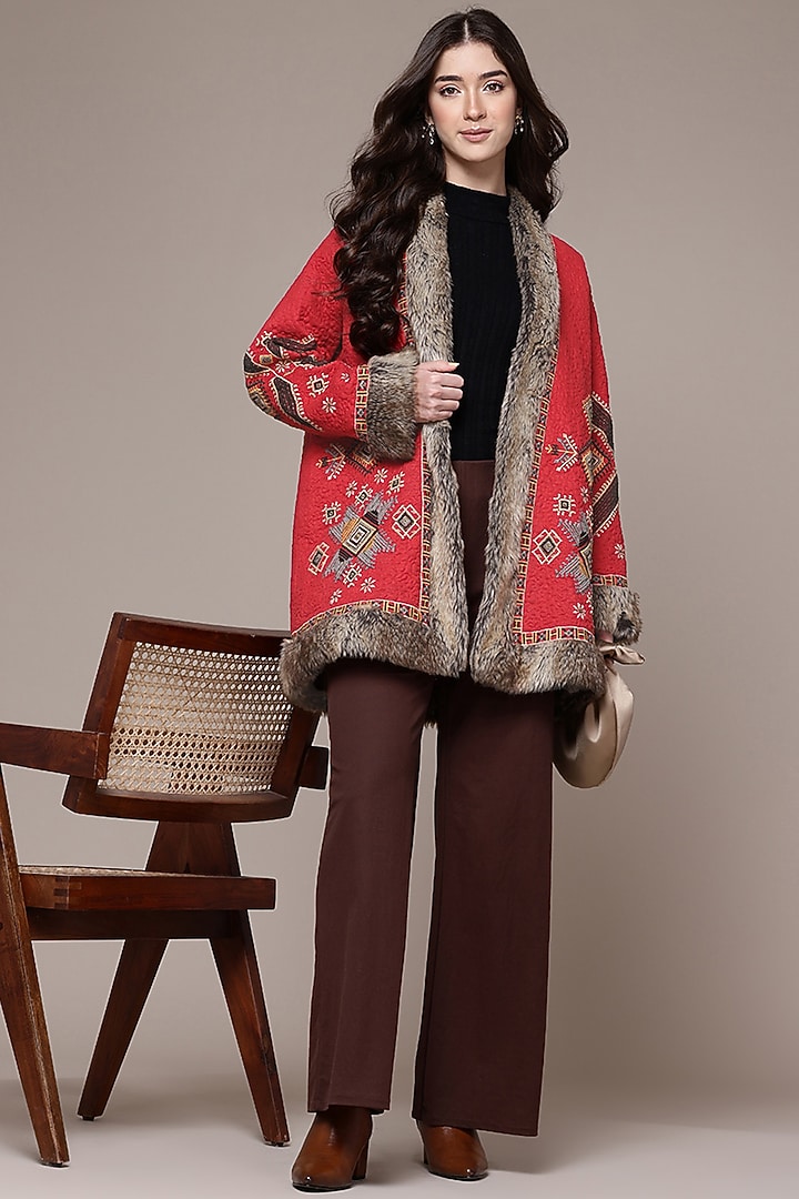 Red Poly Suede Embroidered Quilted Jacket by Ritu Kumar at Pernia's Pop Up Shop