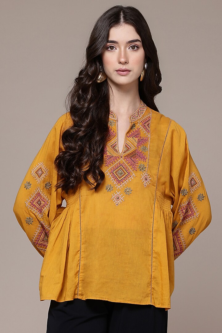 Mustard Cotton Voile Embroidered Short A-Line Kurta by Ritu Kumar at Pernia's Pop Up Shop