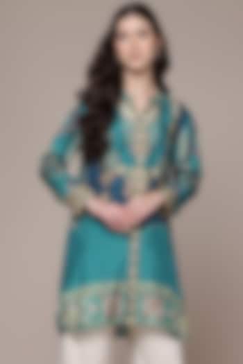 Teal Viscose Dupion Tribal Printed Kurta by Ritu Kumar at Pernia's Pop Up Shop