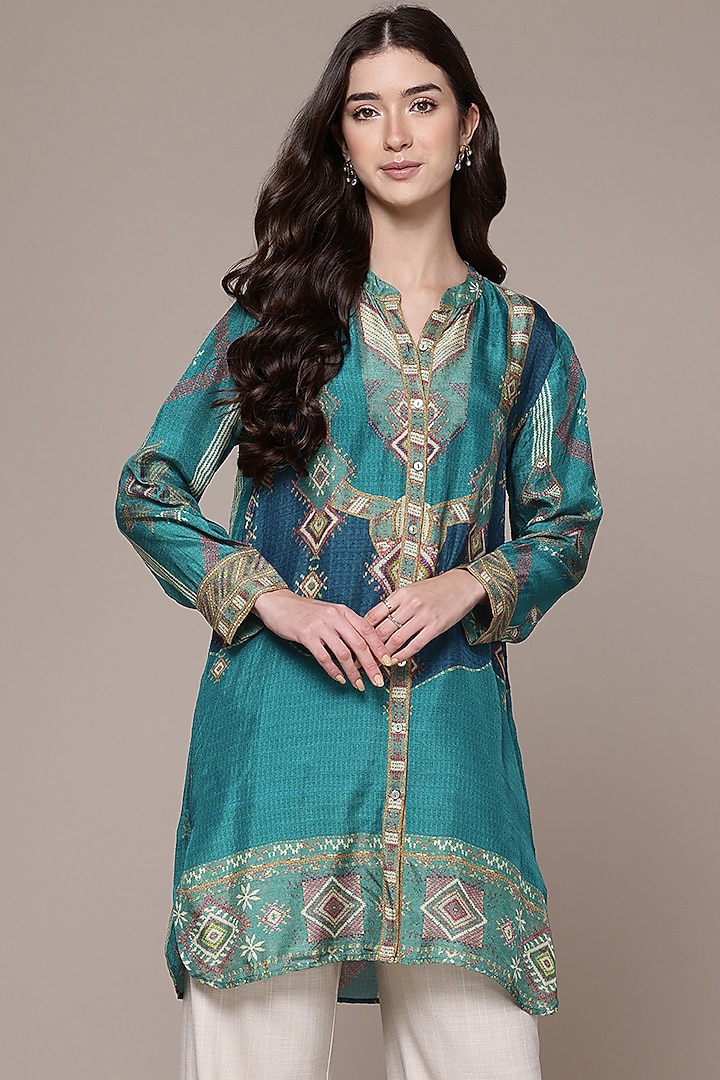 Teal Viscose Dupion Tribal Printed Kurta by Ritu Kumar at Pernia's Pop Up Shop