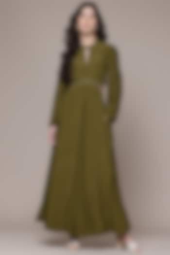 Olive Green Vintage Crepe Waist Cut-Out Jumpsuit by Ritu Kumar at Pernia's Pop Up Shop