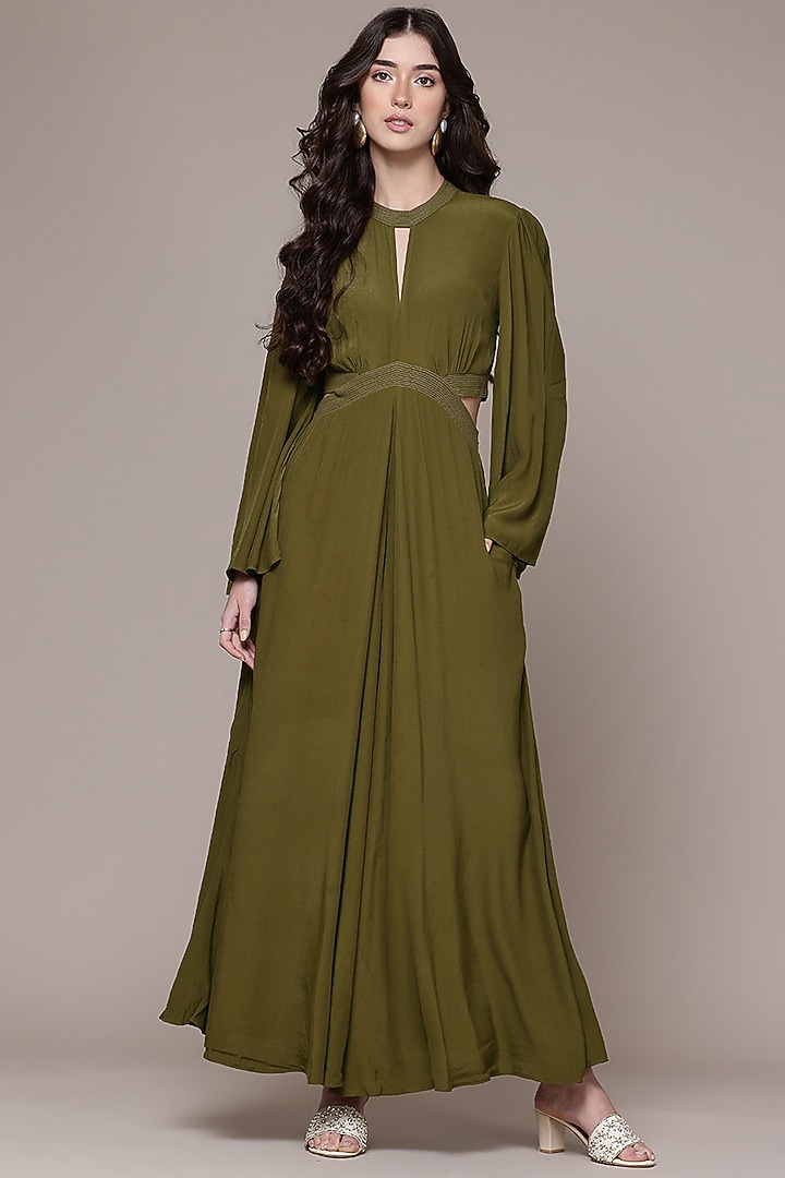 Olive Green Vintage Crepe Waist Cut-Out Jumpsuit by Ritu Kumar at Pernia's Pop Up Shop