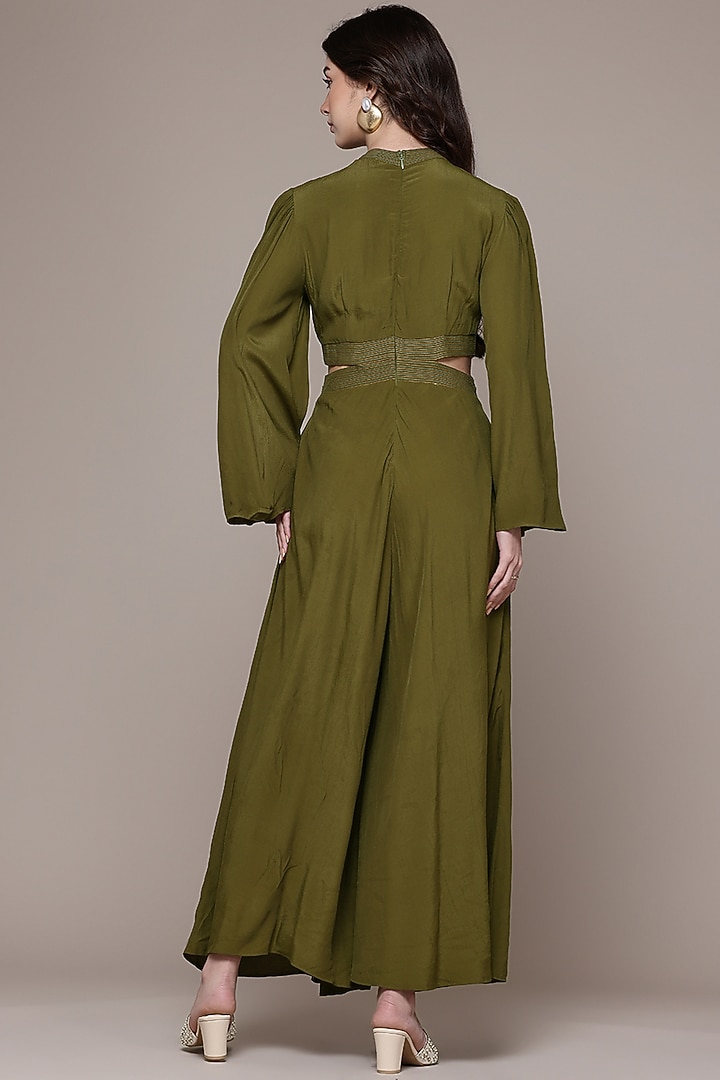 Olive Green Vintage Crepe Waist Cut-Out Jumpsuit by Ritu Kumar at Pernia's Pop Up Shop
