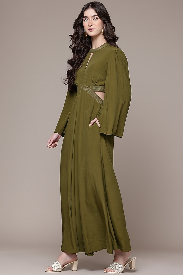 Olive Green Vintage Crepe Waist Cut-Out Jumpsuit by Ritu Kumar at Pernia's Pop Up Shop