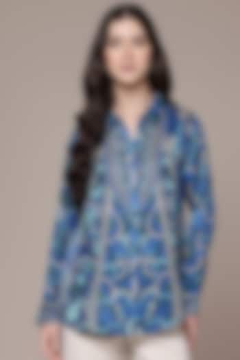 Blue Modal Satin Geometric Printed Top by Ritu Kumar at Pernia's Pop Up Shop