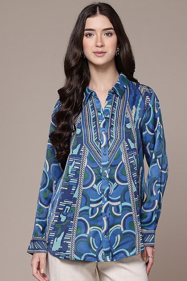 Blue Modal Satin Geometric Printed Top by Ritu Kumar at Pernia's Pop Up Shop