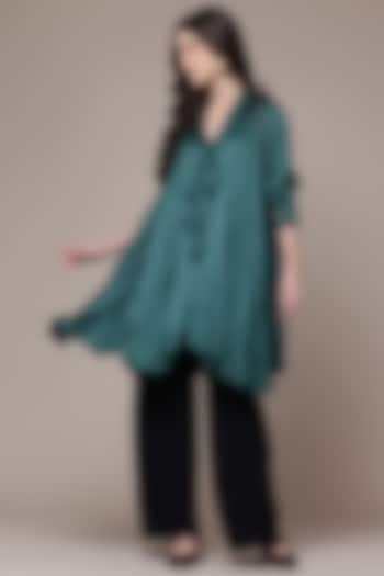 Teal Viscose Jacquard Pleated Flared Top by Ritu Kumar at Pernia's Pop Up Shop