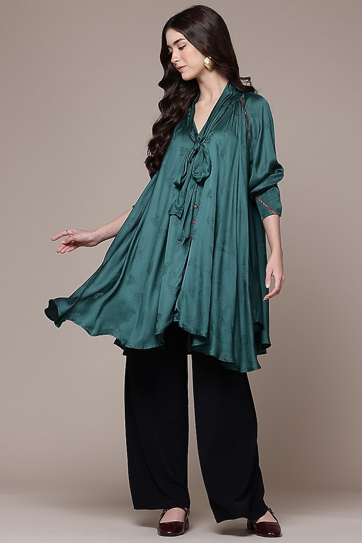 Teal Viscose Jacquard Pleated Flared Top by Ritu Kumar at Pernia's Pop Up Shop