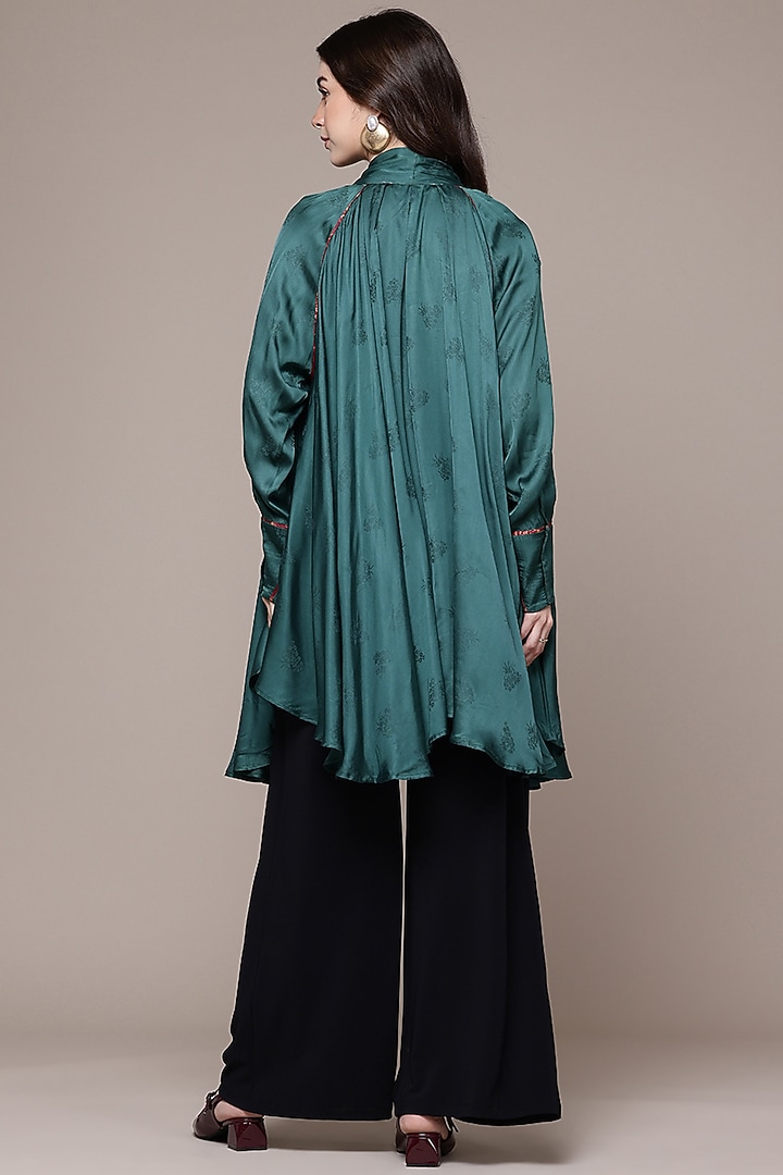 Teal Viscose Jacquard Pleated Flared Top by Ritu Kumar at Pernia's Pop Up Shop