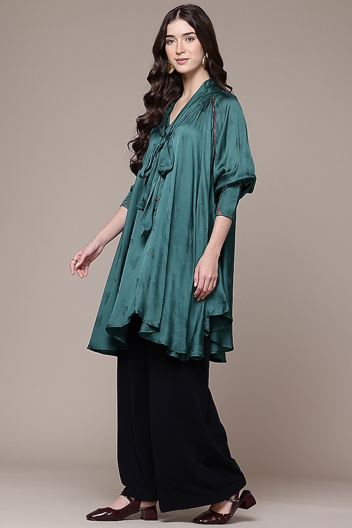 Teal Viscose Jacquard Pleated Flared Top by Ritu Kumar at Pernia's Pop Up Shop