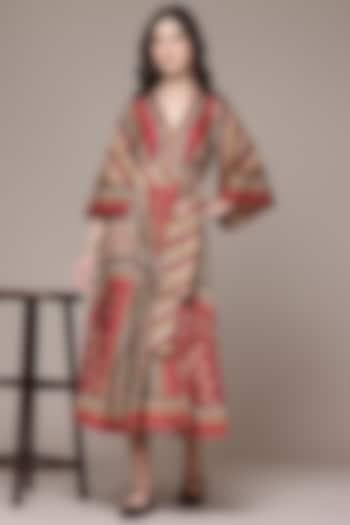 Maroon Cotton Flared Tribe Printed Vacation Dress by Ritu Kumar at Pernia's Pop Up Shop