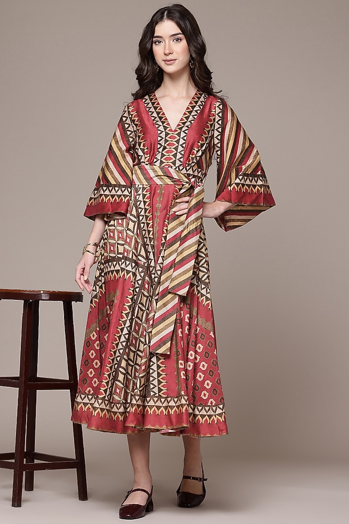 Maroon Cotton Flared Tribe Printed Vacation Dress by Ritu Kumar at Pernia's Pop Up Shop
