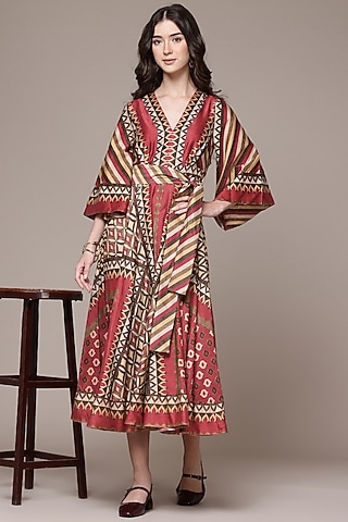 Maroon Cotton Flared Tribe Printed Dress by Ritu Kumar
