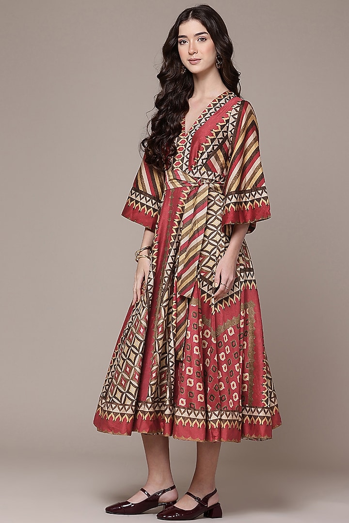 Maroon Cotton Flared Tribe Printed Vacation Dress by Ritu Kumar at Pernia's Pop Up Shop