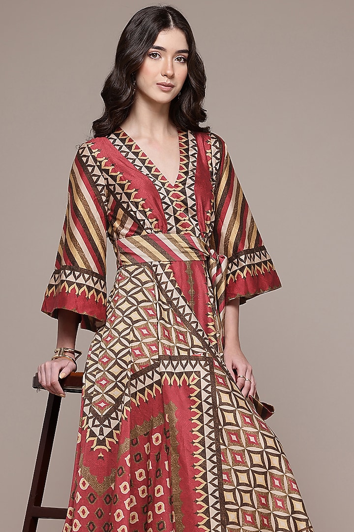 Maroon Cotton Flared Tribe Printed Vacation Dress by Ritu Kumar at Pernia's Pop Up Shop
