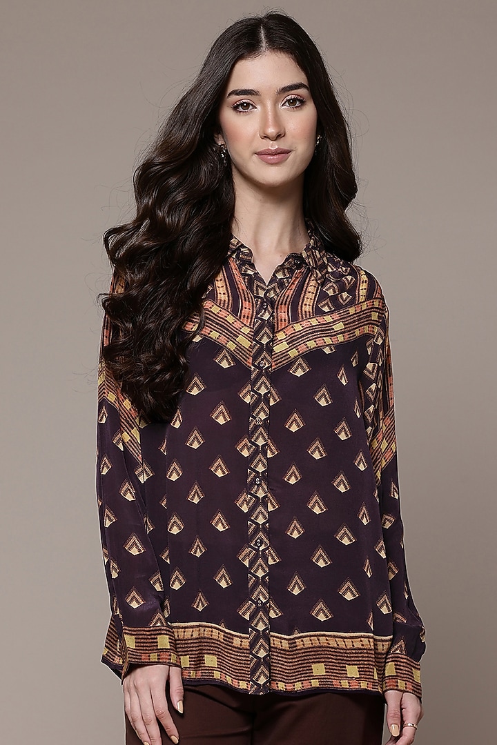 Brown Viscose Geometric Printed Shirt by Ritu Kumar at Pernia's Pop Up Shop
