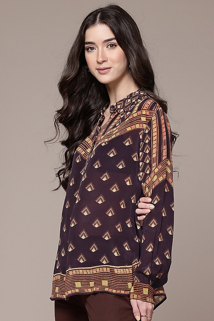 Brown Viscose Geometric Printed Shirt by Ritu Kumar at Pernia's Pop Up Shop