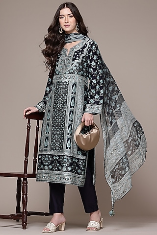 Black Viscose Floral Printed Kurta Set by Ritu Kumar