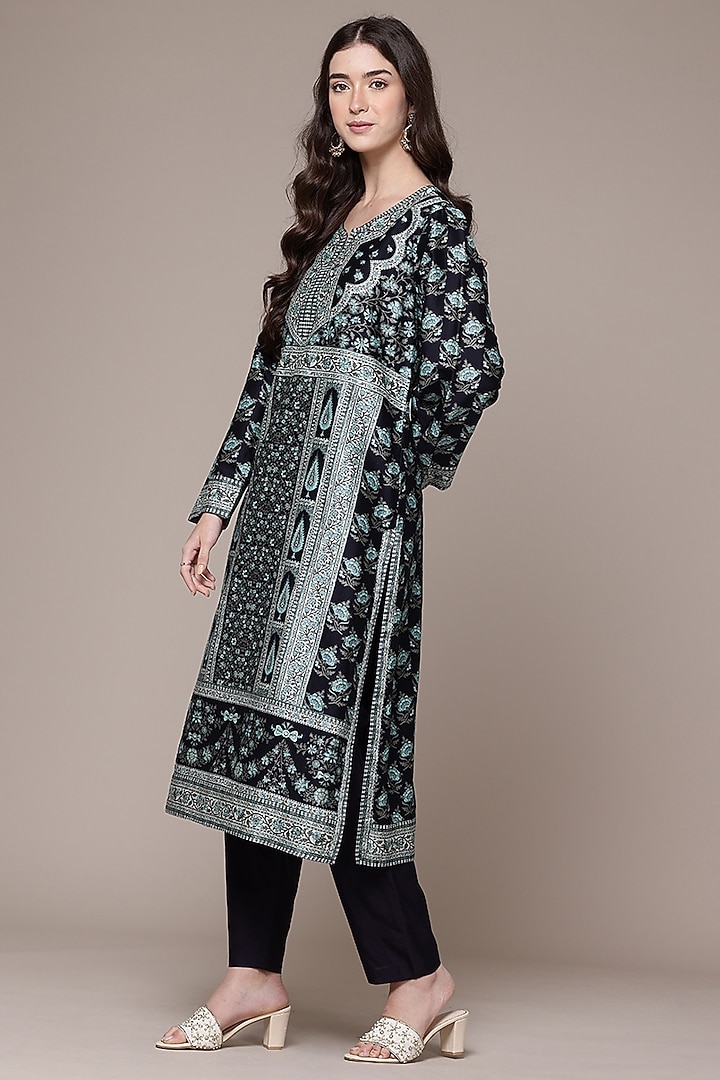 Black Viscose Floral Printed Kurta Set by Ritu Kumar at Pernia's Pop Up Shop