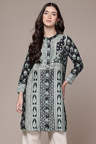 Black Cotton Floral Printed Shirt by Ritu Kumar