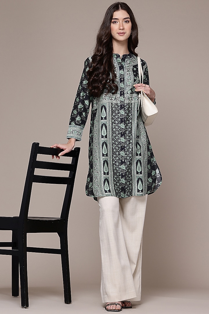 Black Cotton Floral Printed Shirt by Ritu Kumar at Pernia's Pop Up Shop