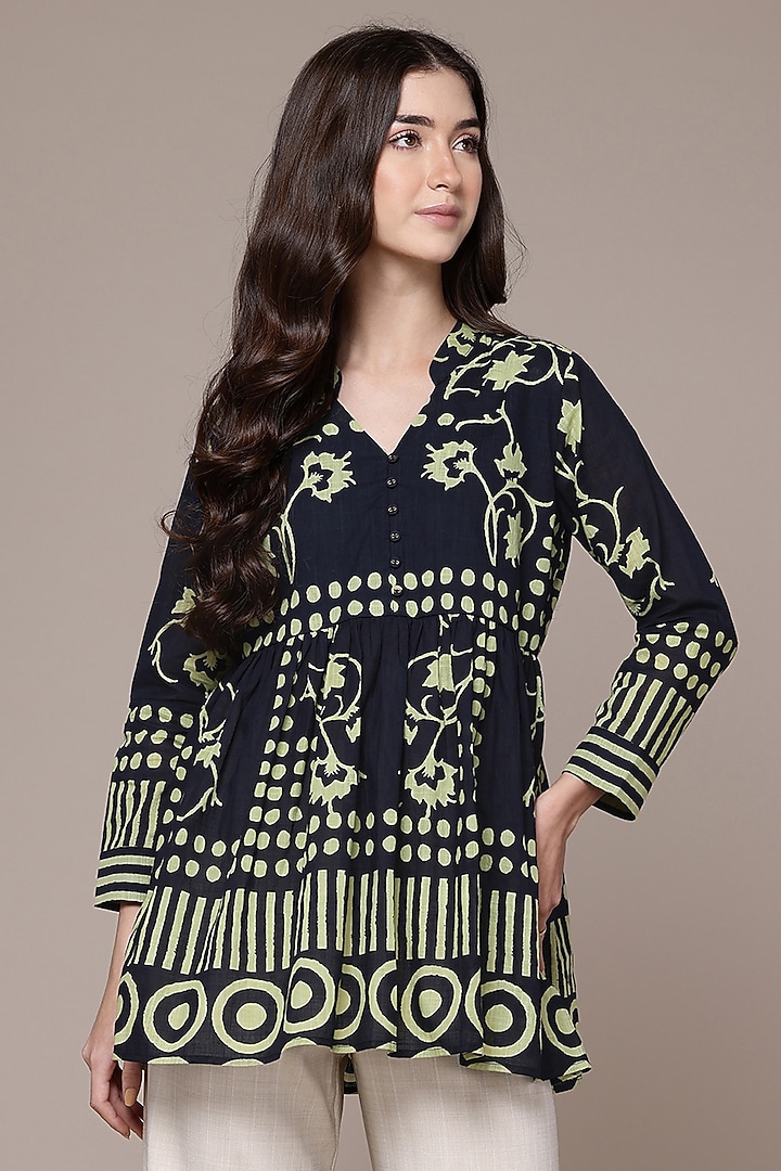 Black Cotton Geometric Printed Shirt by Ritu Kumar at Pernia's Pop Up Shop