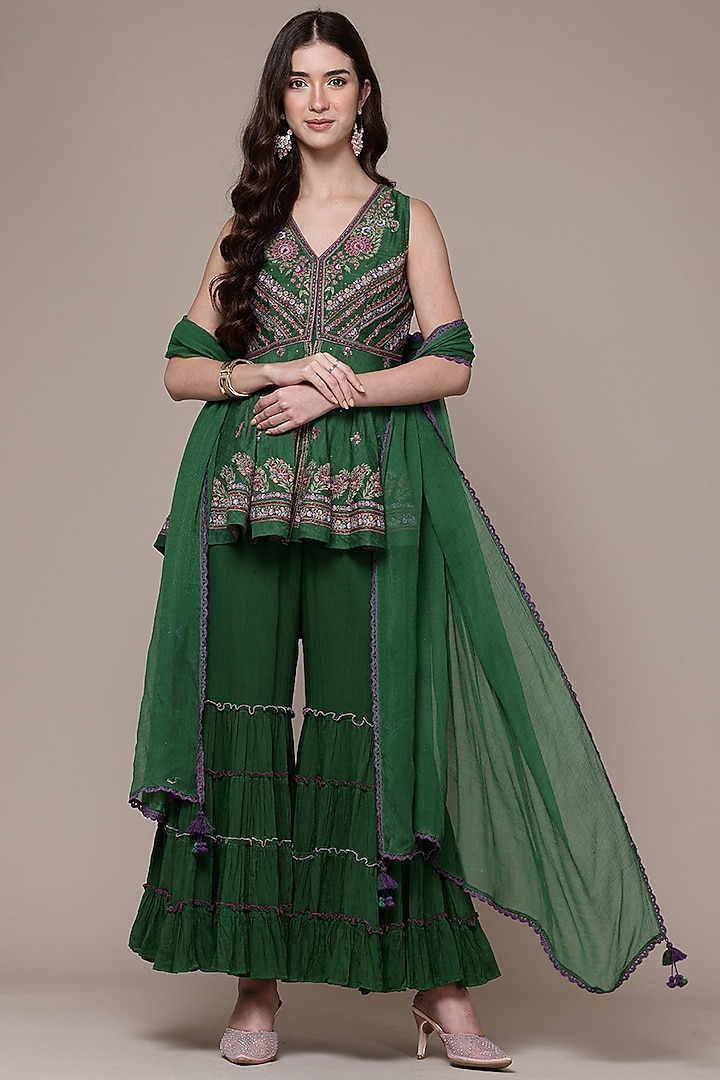 Green Cotton & Silk Party Wear Sharara Set by Ritu Kumar at Pernia's Pop Up Shop