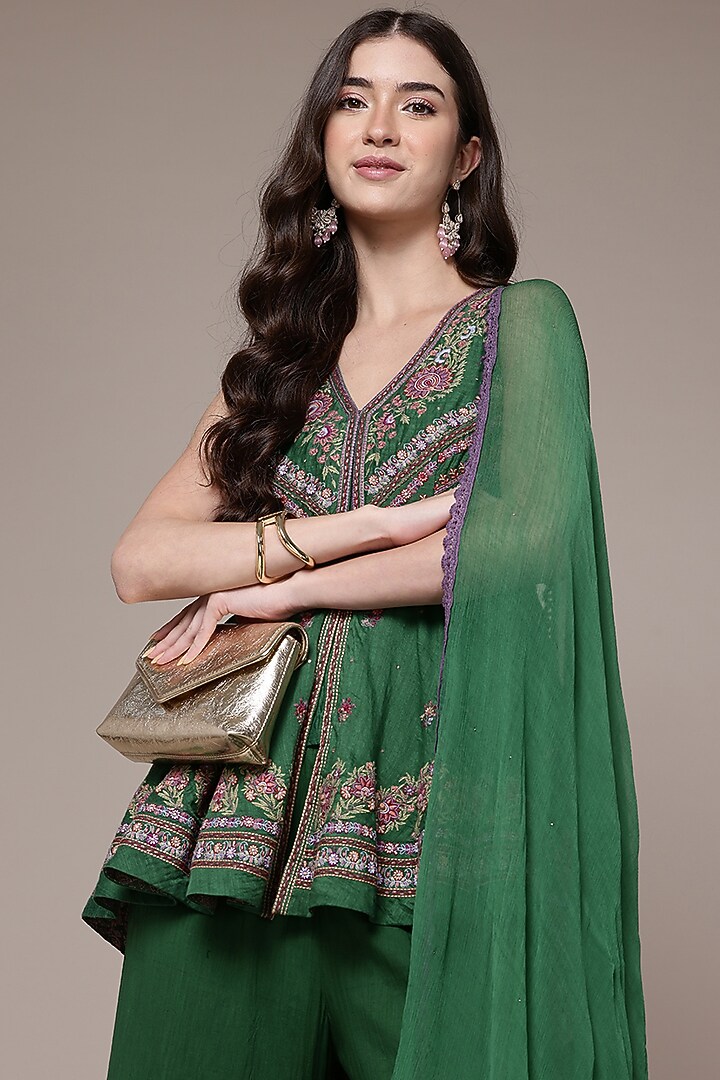 Green Cotton & Silk Party Wear Sharara Set by Ritu Kumar at Pernia's Pop Up Shop