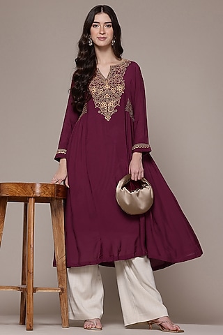 Wine Viscose A-Line Kurta by Ritu Kumar
