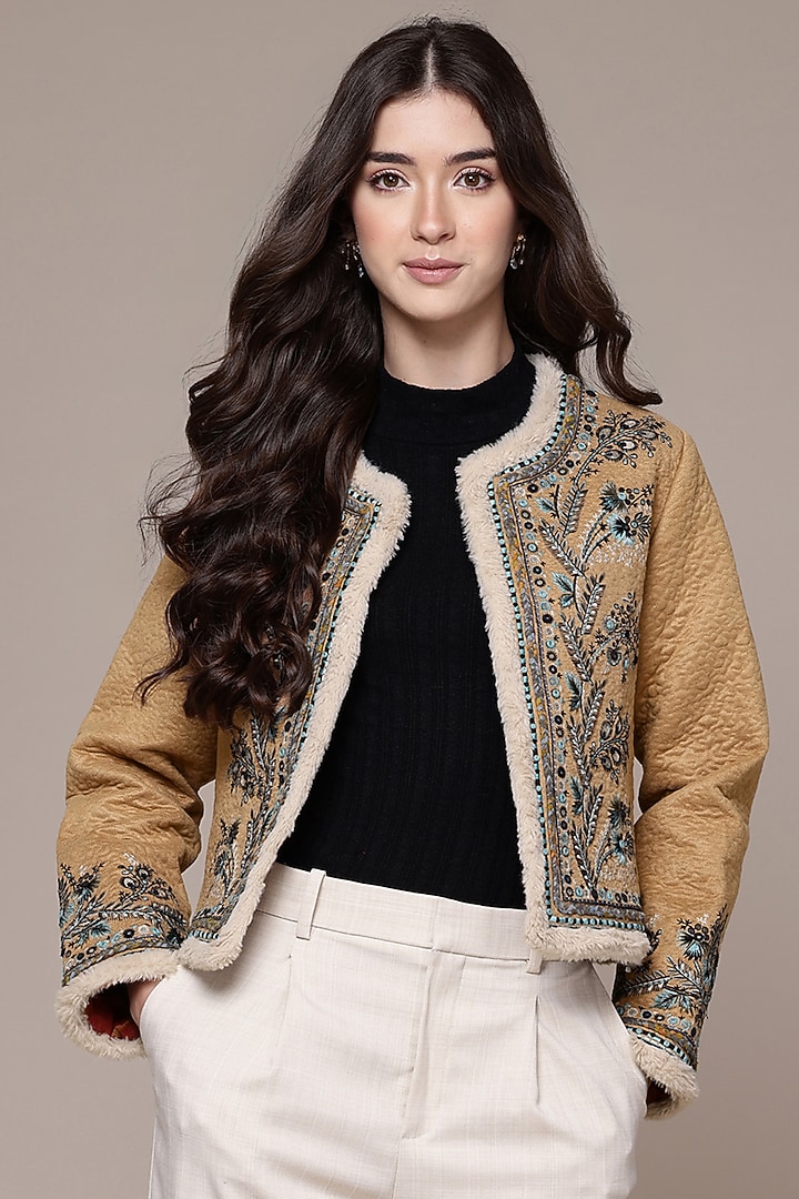 Beige Polyfur Jacket by Ritu Kumar at Pernia's Pop Up Shop