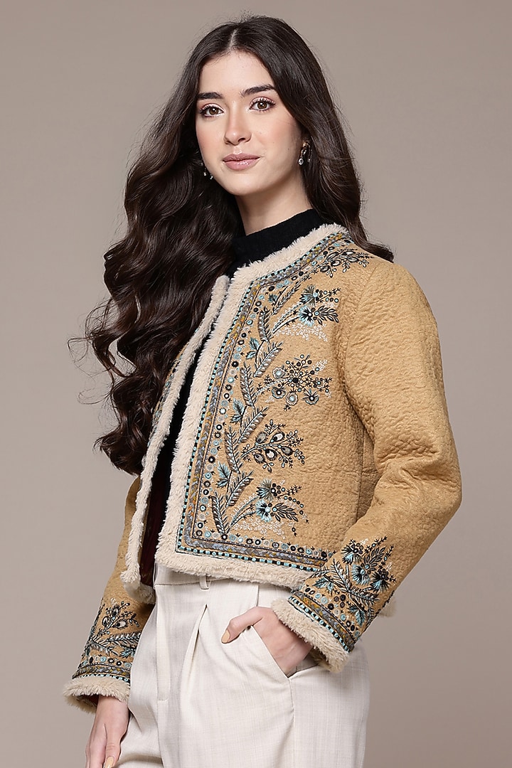 Beige Polyfur Jacket by Ritu Kumar at Pernia's Pop Up Shop