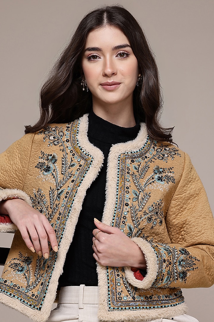 Beige Polyfur Jacket by Ritu Kumar at Pernia's Pop Up Shop