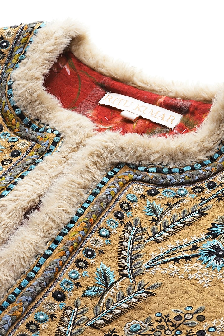 Beige Polyfur Jacket by Ritu Kumar at Pernia's Pop Up Shop