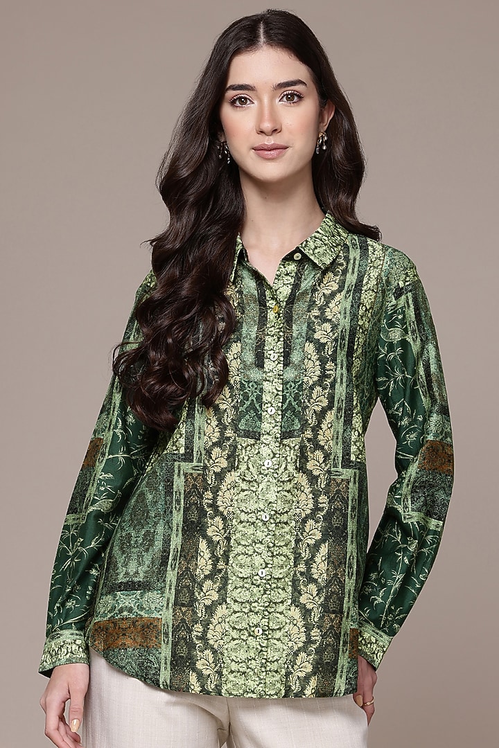 Green Cotton & Silk Abstract Printed Shirt by Ritu Kumar at Pernia's Pop Up Shop