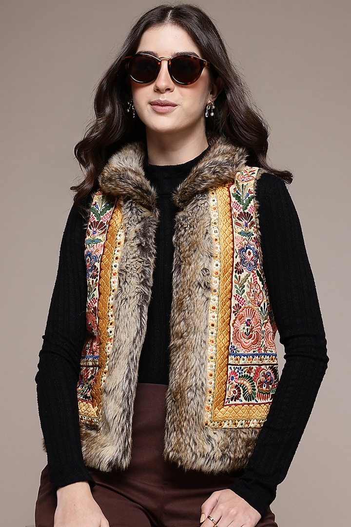 Beige Cotton & Poly Fur Jacket by Ritu Kumar at Pernia's Pop Up Shop