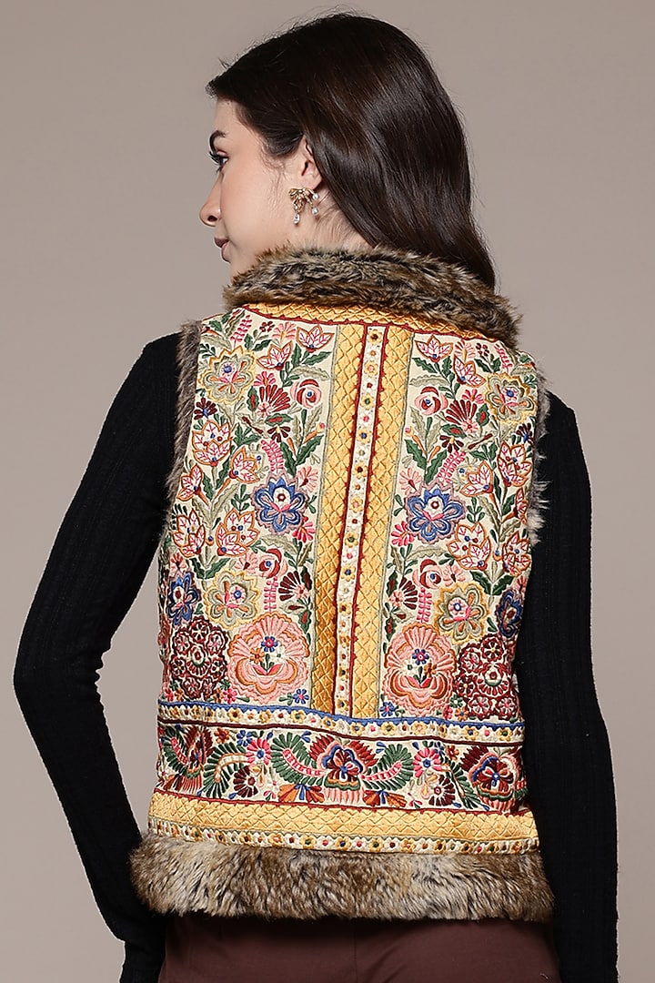 Beige Cotton & Poly Fur Jacket by Ritu Kumar at Pernia's Pop Up Shop