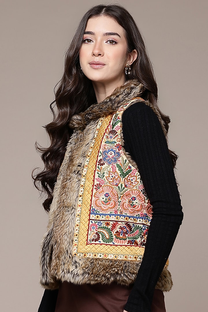 Beige Cotton & Poly Fur Jacket by Ritu Kumar at Pernia's Pop Up Shop