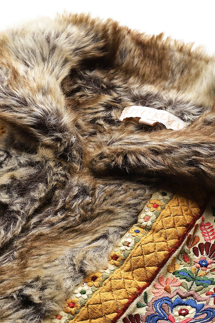 Beige Cotton & Poly Fur Jacket by Ritu Kumar at Pernia's Pop Up Shop