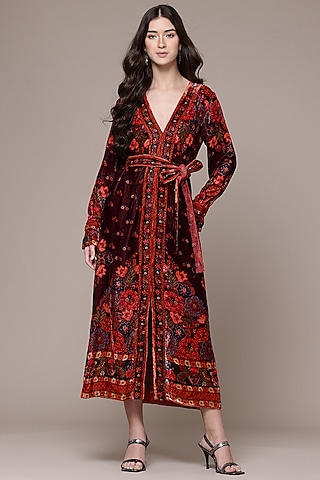 Wine Silk Sasha Printed Flared Dress by Ritu Kumar