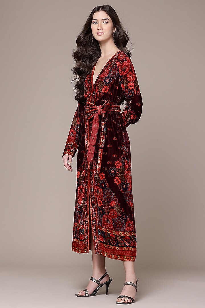 Wine Silk Sasha Printed Flared Vacation Dress by Ritu Kumar at Pernia's Pop Up Shop