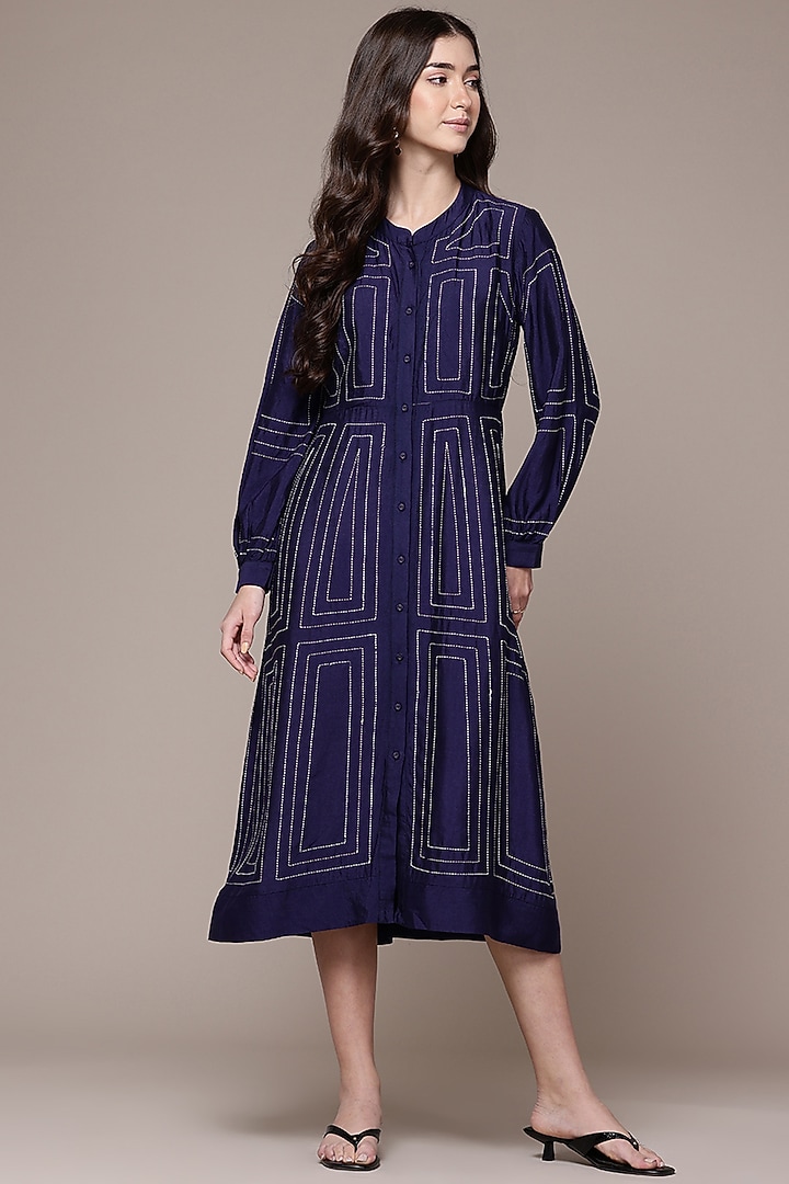 Navy Blue Viscose Flared Maxi Summer Dress by Ritu Kumar at Pernia's Pop Up Shop