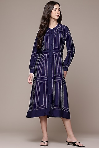 Navy Blue Viscose Flared Maxi Dress by Ritu Kumar