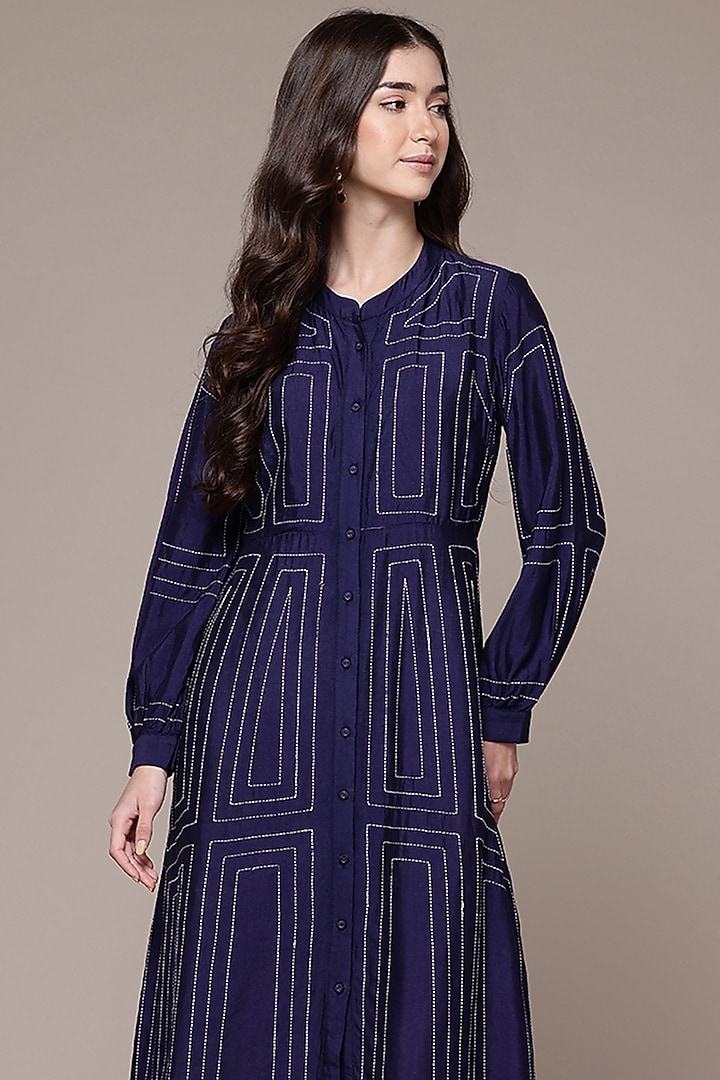 Navy Blue Viscose Flared Maxi Summer Dress by Ritu Kumar at Pernia's Pop Up Shop