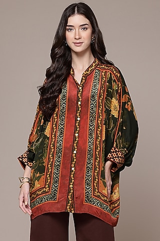 Black Viscose Floral Printed Shirt by Ritu Kumar